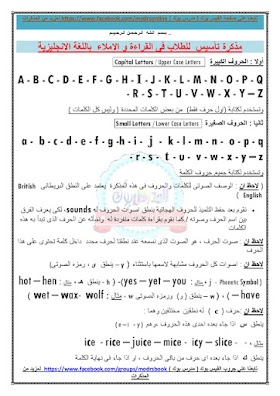 مذكرة تأسيس المبتدئين فى اللغة الانجليزية شاملة لكل الحروف + بنك اسئلة + قواميس